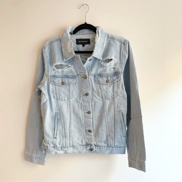 NEON BLONDE Not Mine Jean Jacket Oversized Denim Light Wash Distressed Size S - Picture 10 of 16